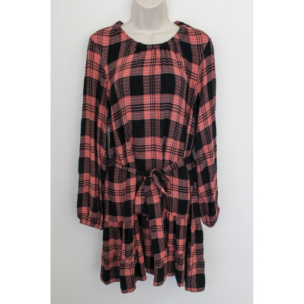Cloth & Stone Mini Dress XL Pink Black Plaid Tiered Ruffle Long Sleeve Daia